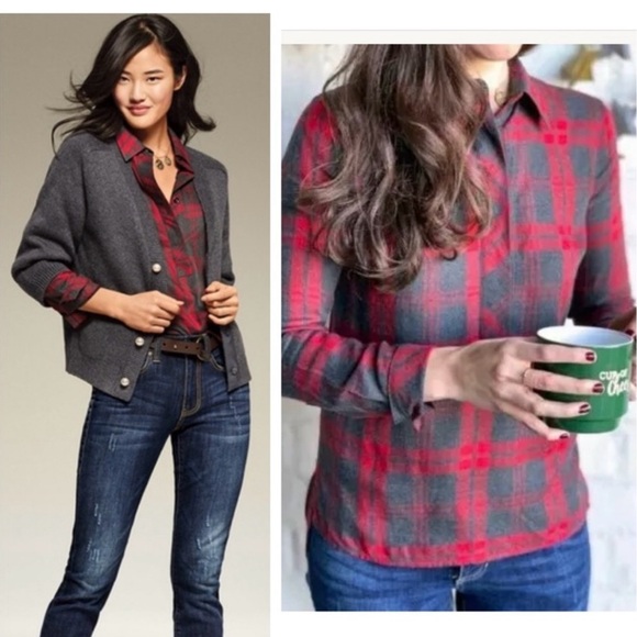 Cabi Tops - Cabi #3587 Cunningham Popover Long Sleeve Top Grey / Red Plaid Women’s Sz: L